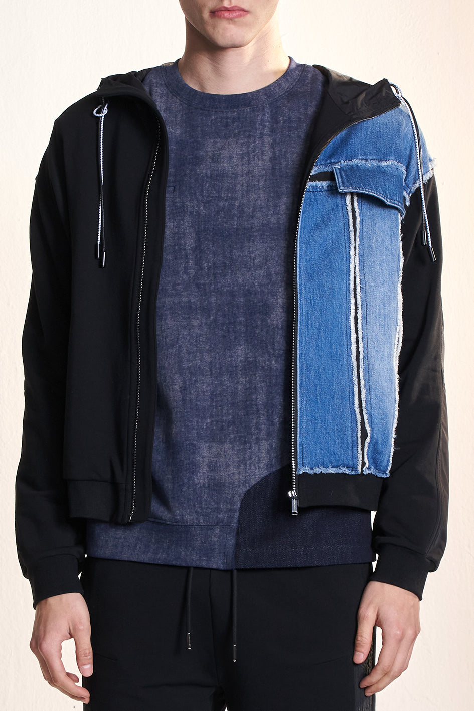 Knit Jacket Contrast With Raw Edge Denim