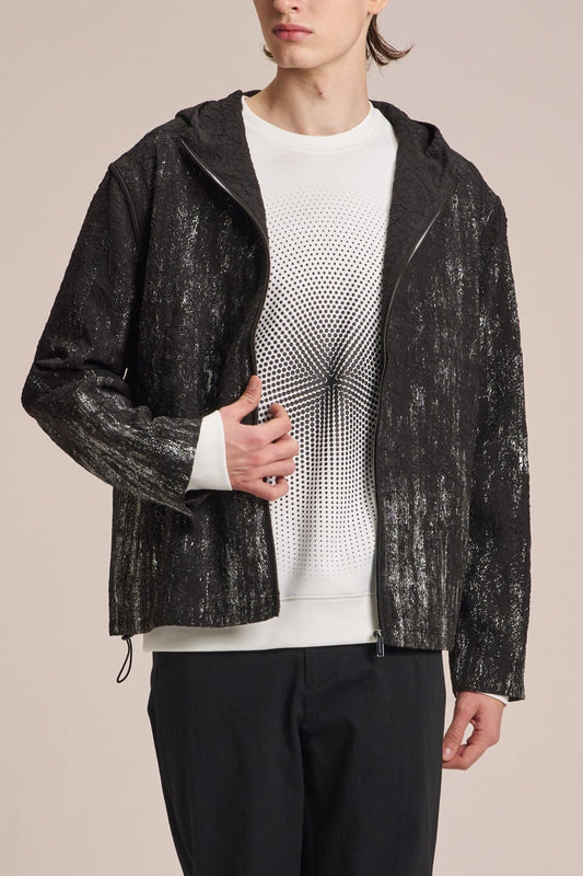 Crepe Hooded Jacket With Silver Brush Print