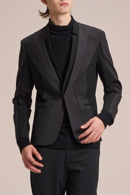 Stand Collar Blazer With Fabric Contrast