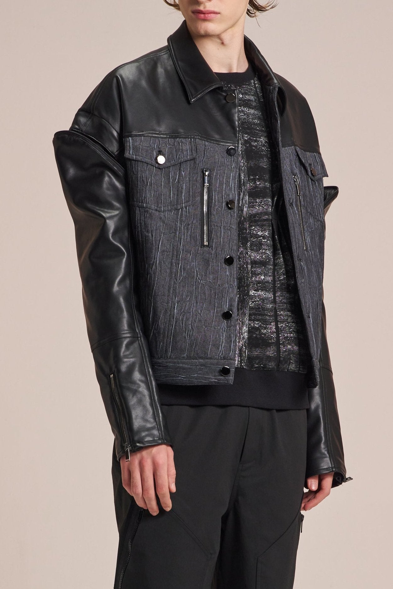 Crepe Denim & PU Leather Jacket With Detachable Sleeve