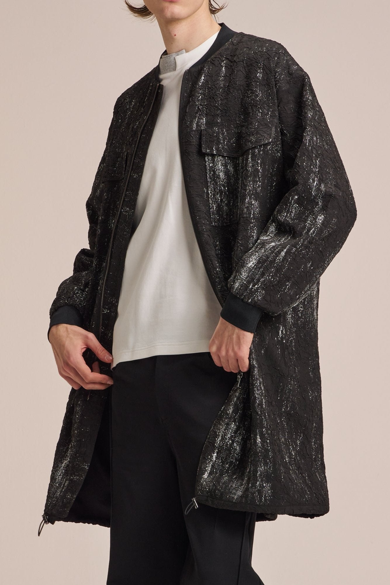 Crepe Zipper Long Jacket With Silver Brush Print