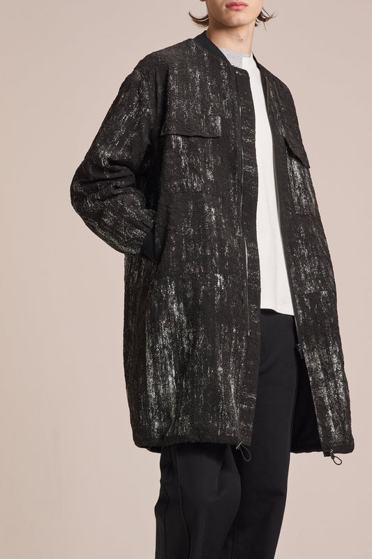 Crepe Zipper Long Jacket With Silver Brush Print