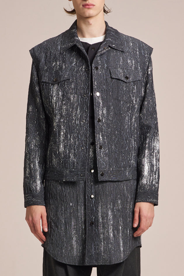 2in1 Crepe Denim Coat With Brush Print