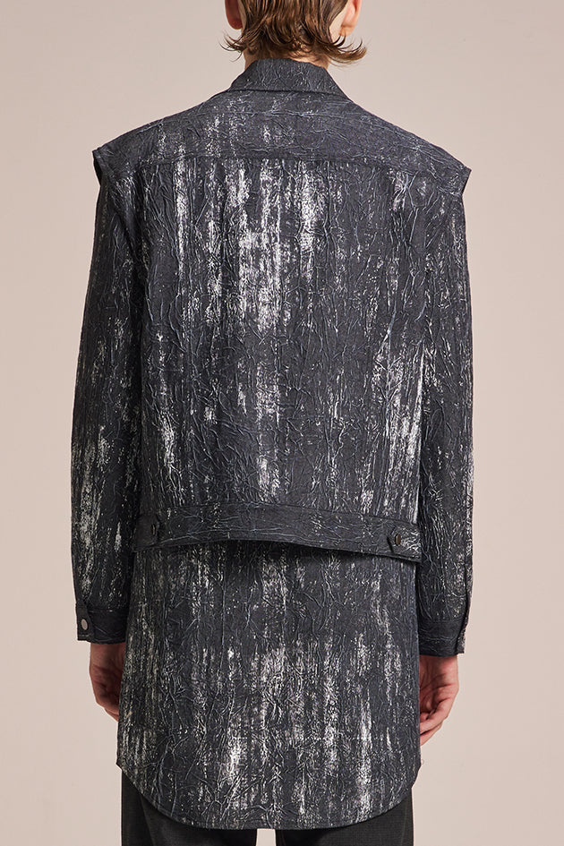 2in1 Crepe Denim Coat With Brush Print