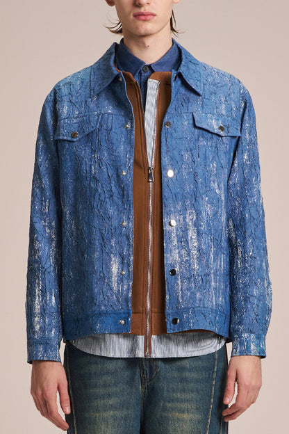 Crepe Denim Jacket With Brush Print