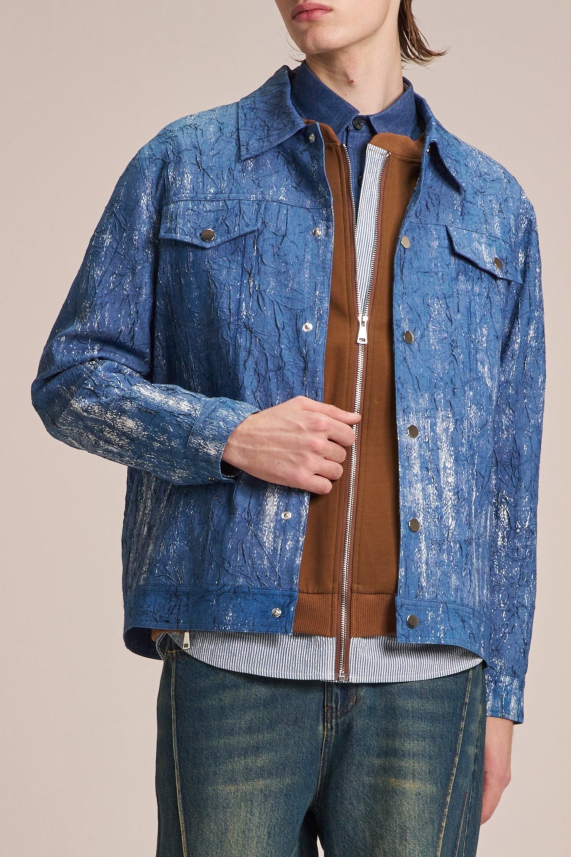 Crepe Denim Jacket With Brush Print