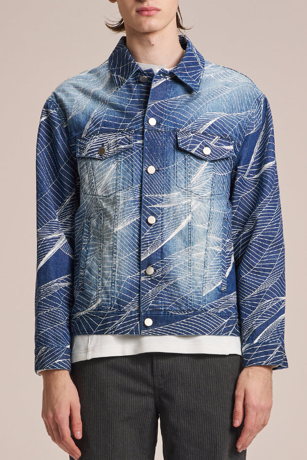 Washed Denim Jacket With Wire Pattern Print