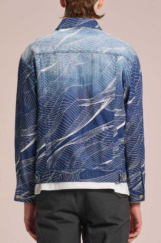 Washed Denim Jacket With Wire Pattern Print