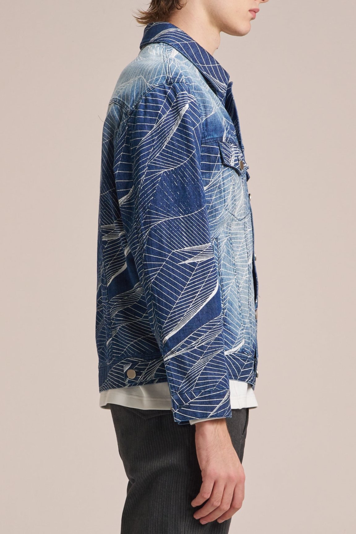 Washed Denim Jacket With Wire Pattern Print