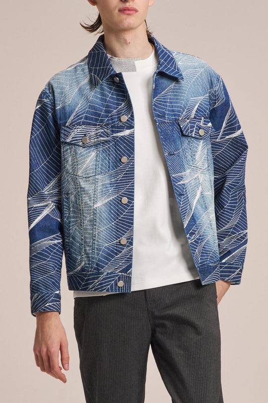 Washed Denim Jacket With Wire Pattern Print