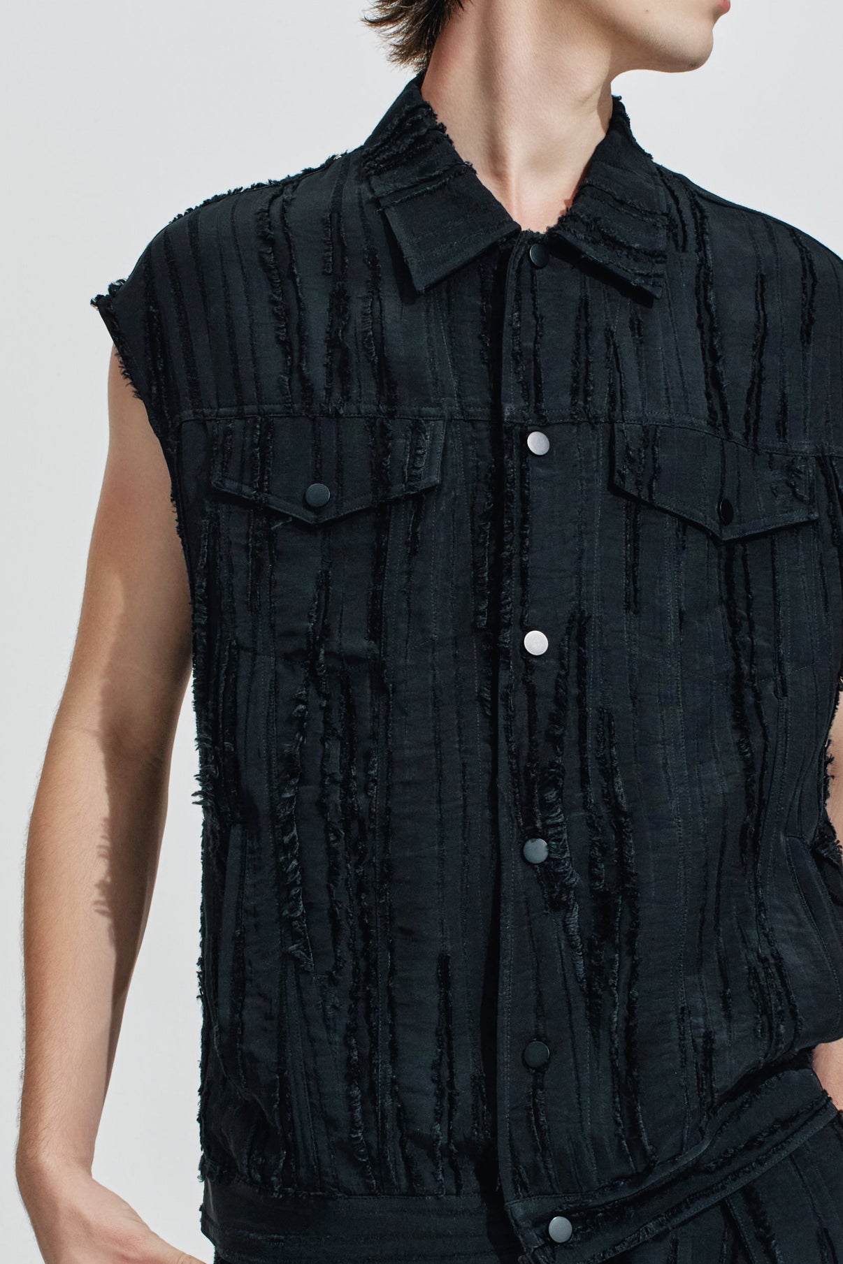 Ripped Texture Wide Shoulder Sleeveless Jacket – HARRISON WONG