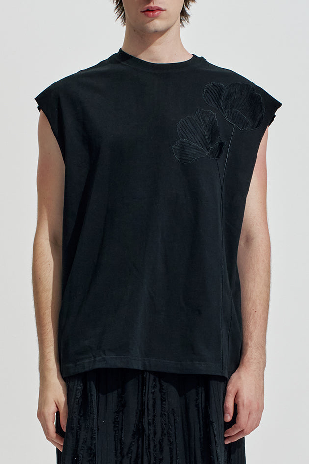 Oversize Sleeveless Tee With Flowers Embroidery