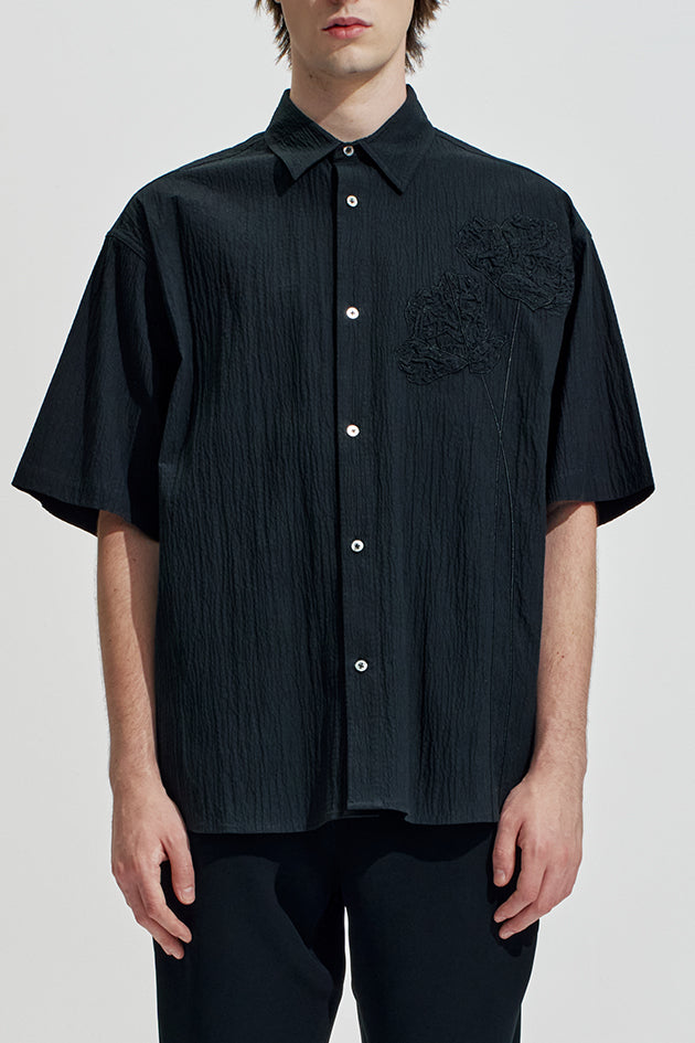 Oversize Textured Cotton Shirt With Flowers Embroidery