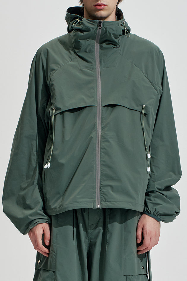 Hooded Light Jacket With Drawstring At Back