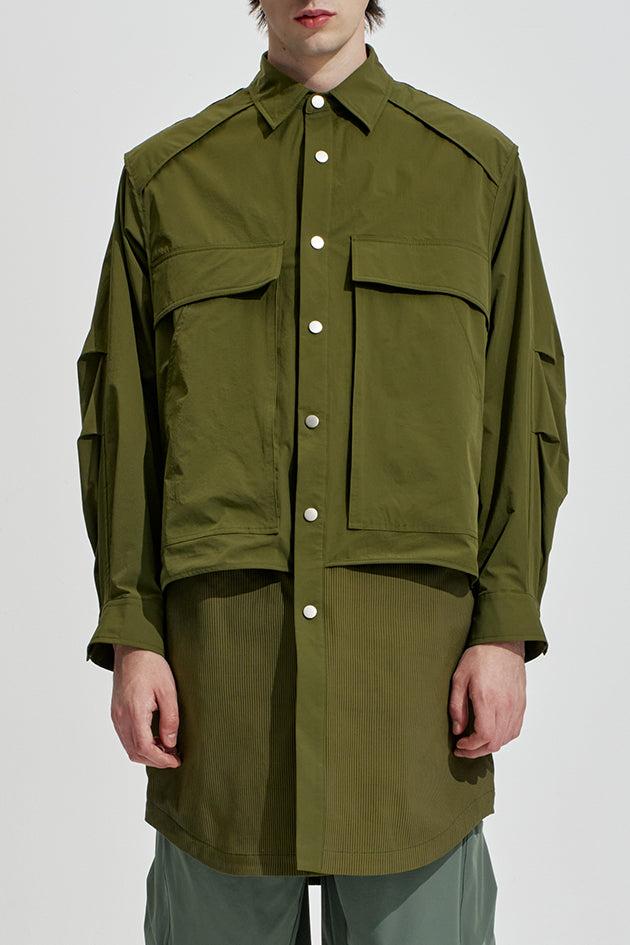 Long Shirt Jacket Contrast With Perforated Nylon