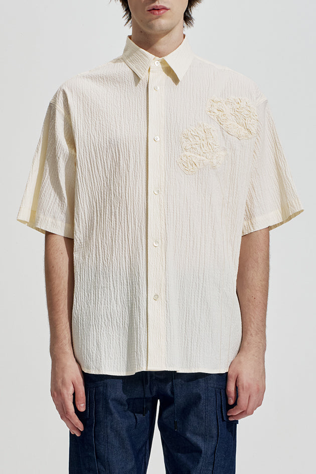 Oversize Textured Cotton Shirt With Flowers Embroidery