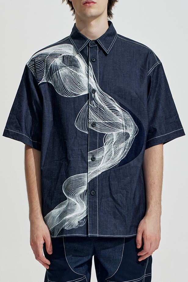 Oversize Denim Shirt With Organic Wave Print