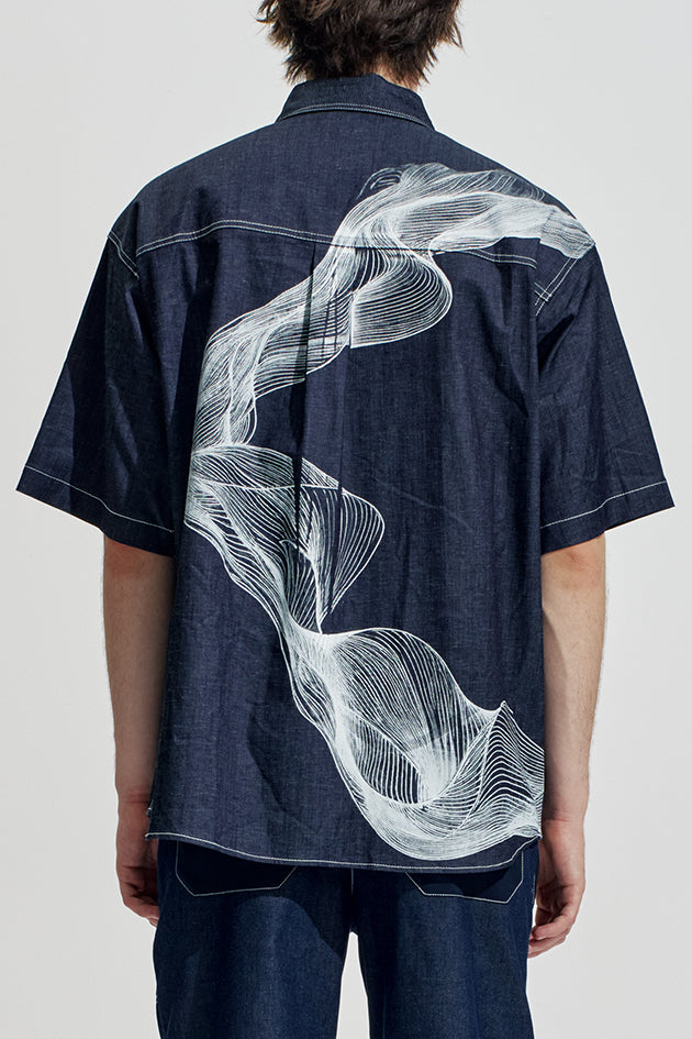 Oversize Denim Shirt With Organic Wave Print