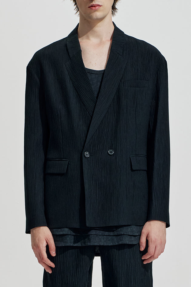 Crepe Texture Tencel No Lapel Boxy Blazer