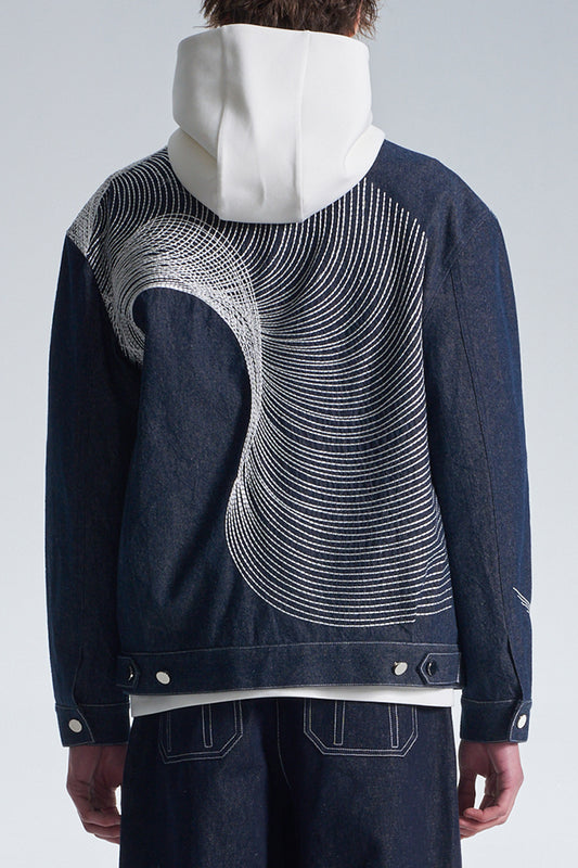 Denim Jacket With Twisted Wavy Lines Embroidery