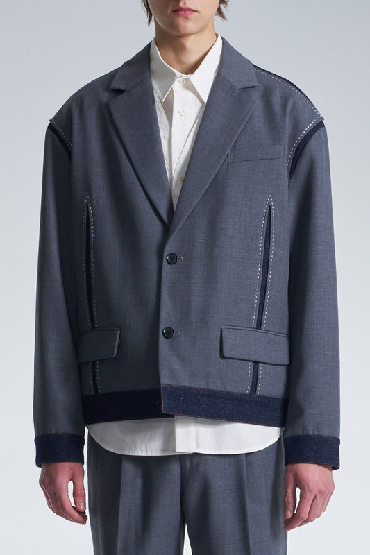 Boxy Wool Blazer With Denim Trim
