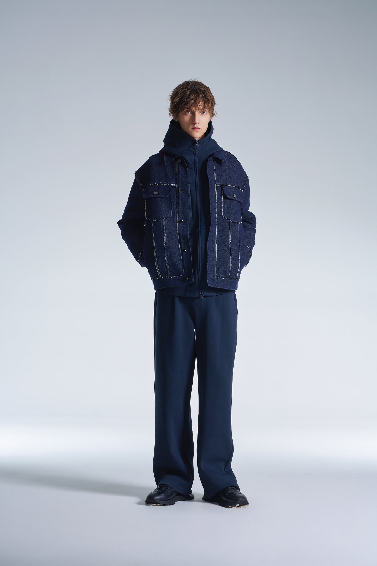 Raw Edge Denim Jacket With Sandwich Knit Base