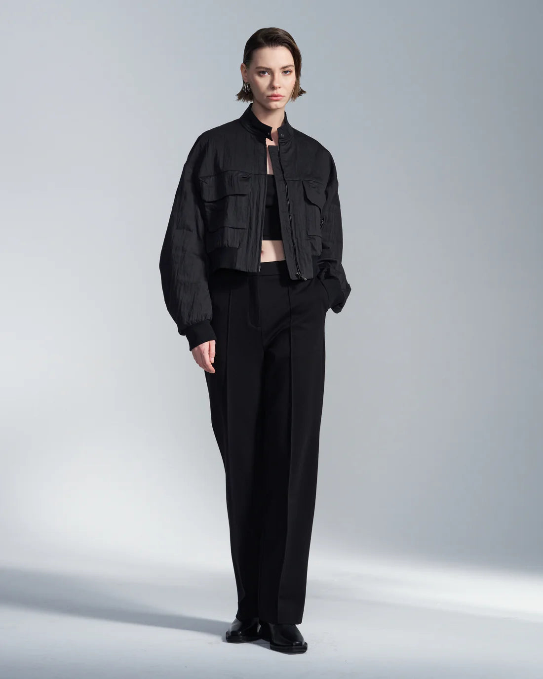 Cotton Nylon Cropped Zipper Jacket