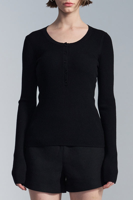 Wool Knit Long Sleeve T Shirt With Button Down