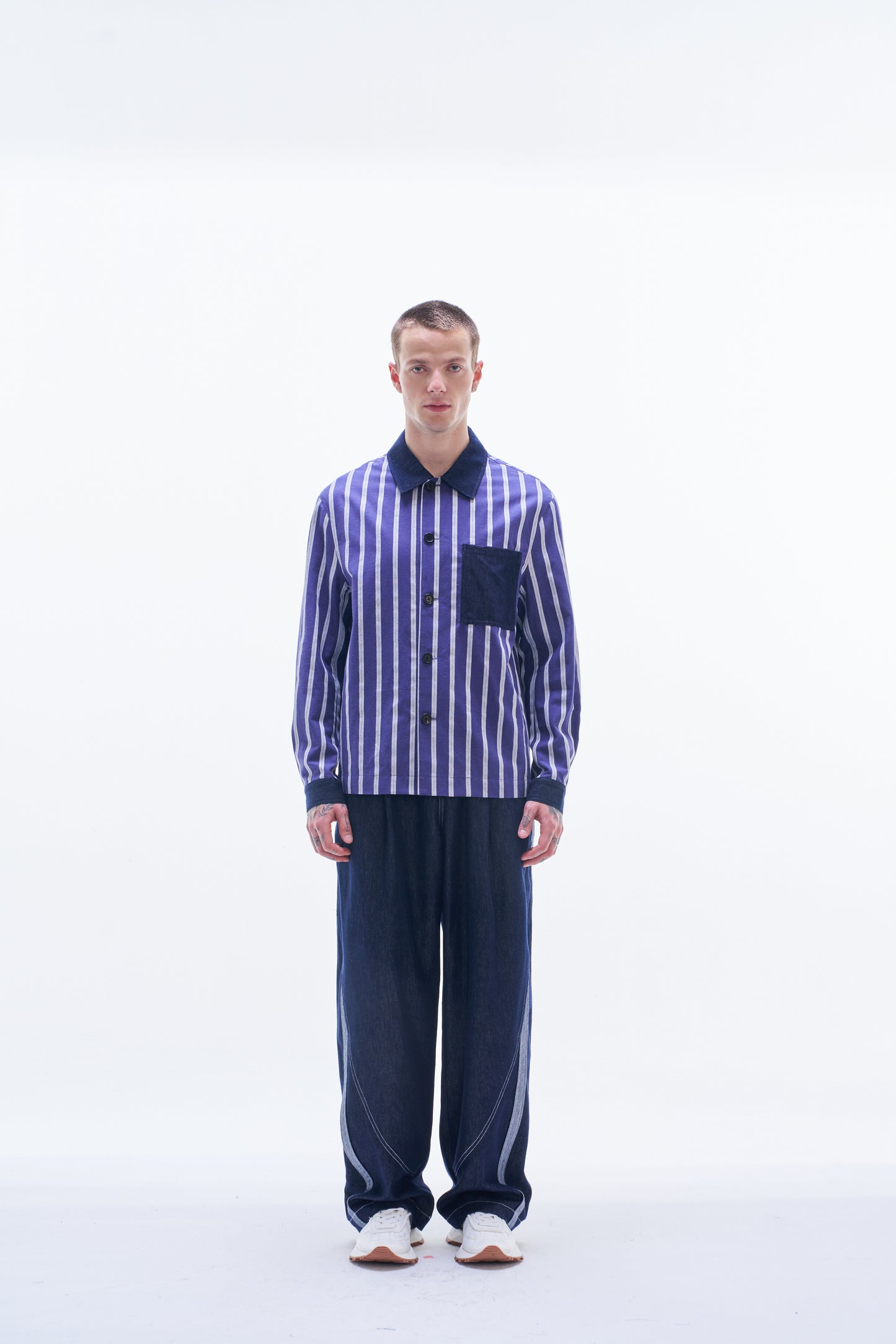 Striped Linen Shirt With Denim Pocket