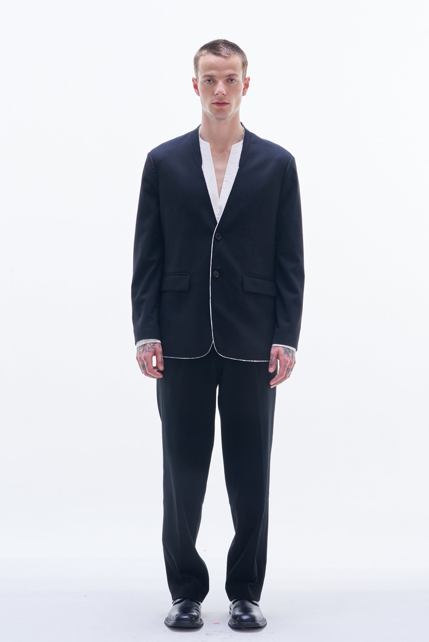 No-Collar Wool Blazer with Raw Edge