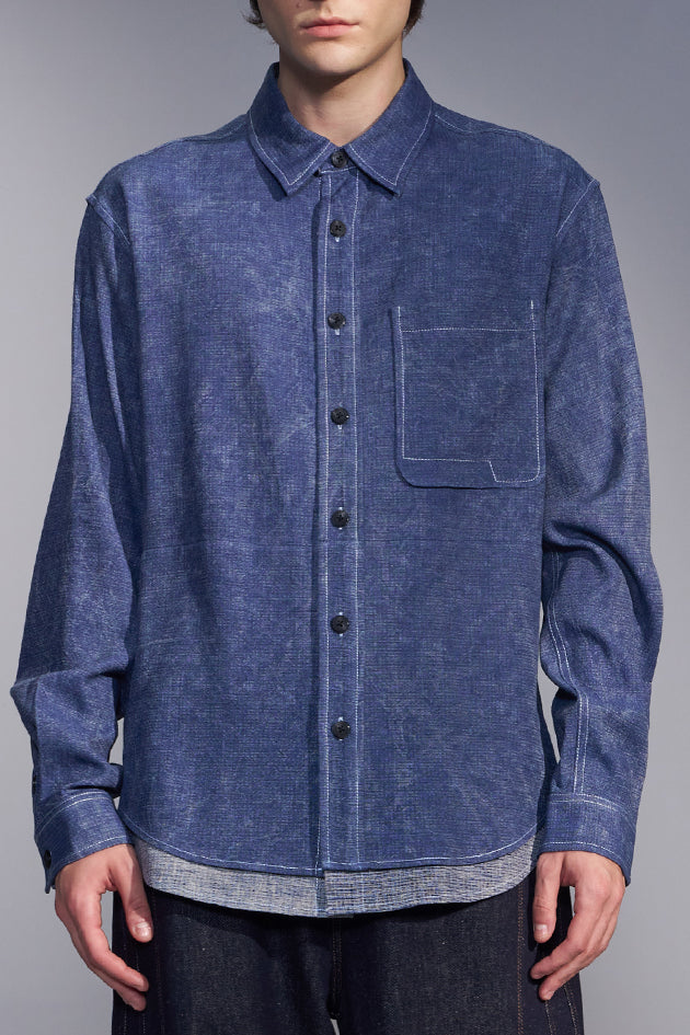 Washed-Dyed Denim Shirt with Layered Hem