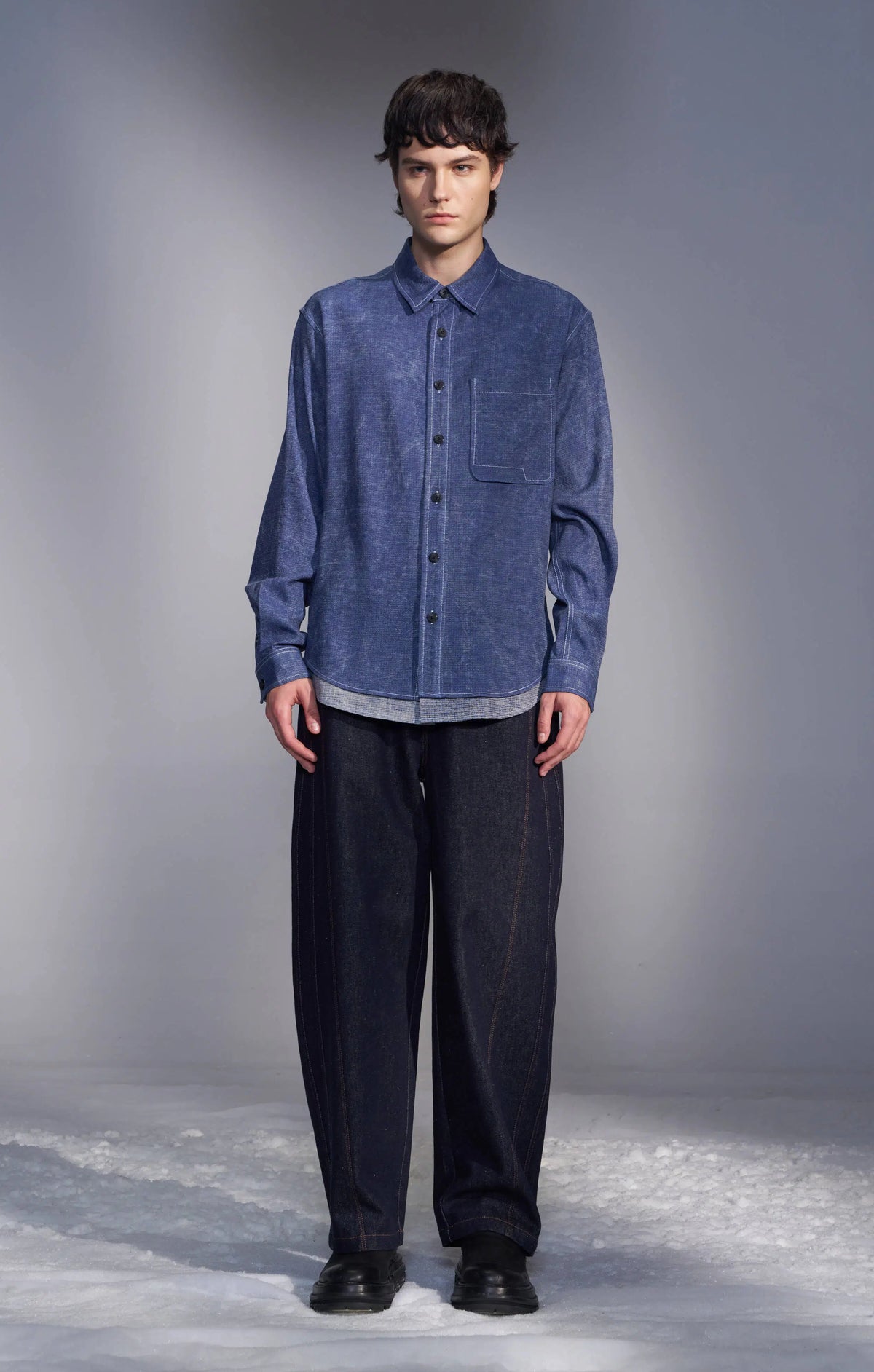 Washed-Dyed Denim Shirt with Layered Hem