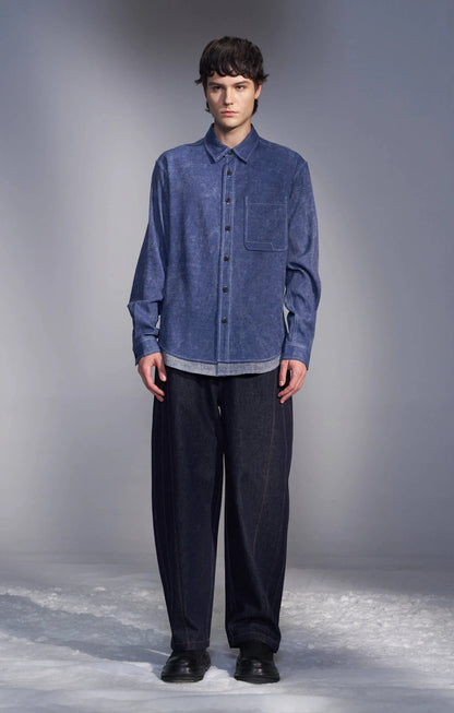 Washed-Dyed Denim Shirt with Layered Hem