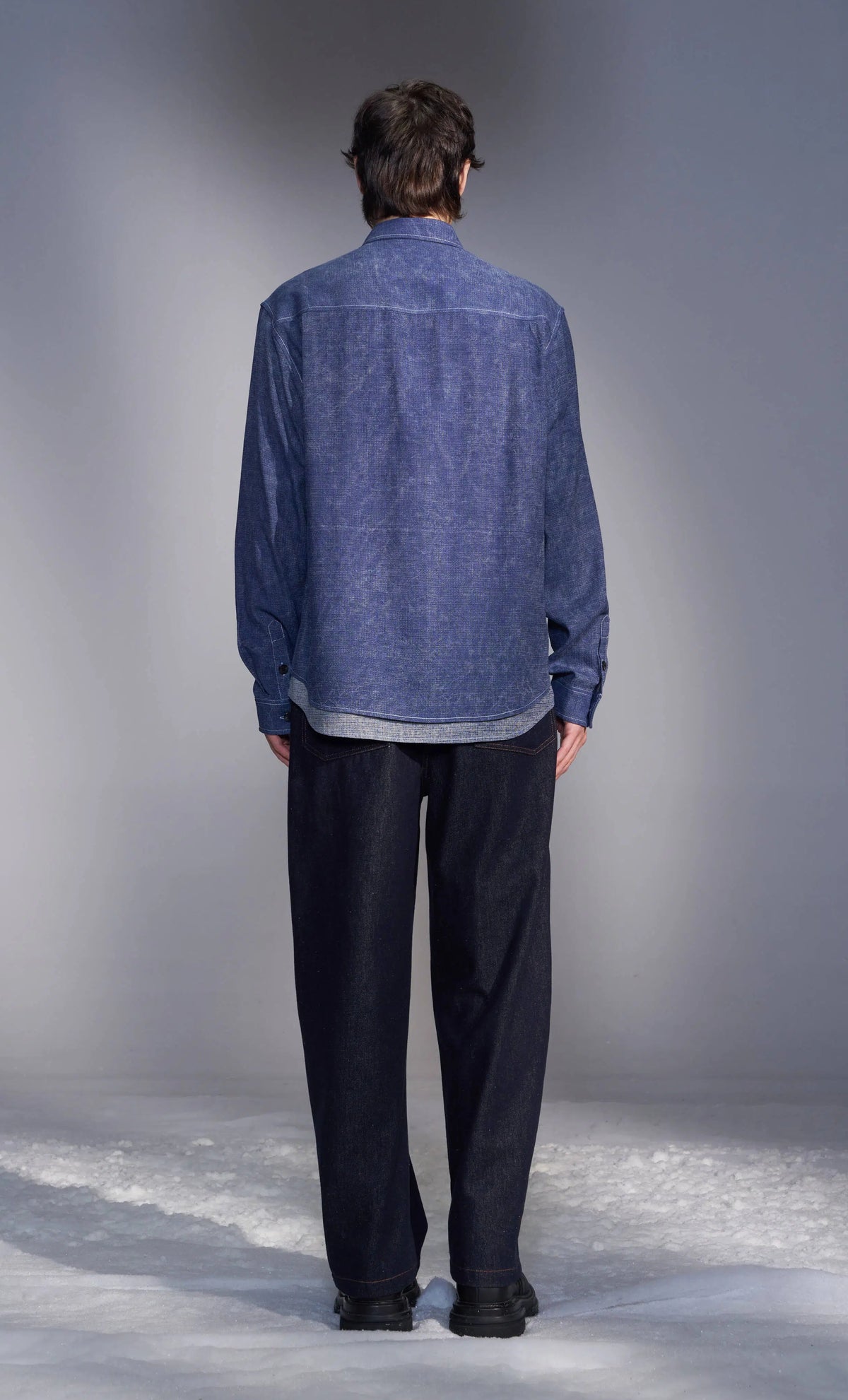 Washed-Dyed Denim Shirt with Layered Hem
