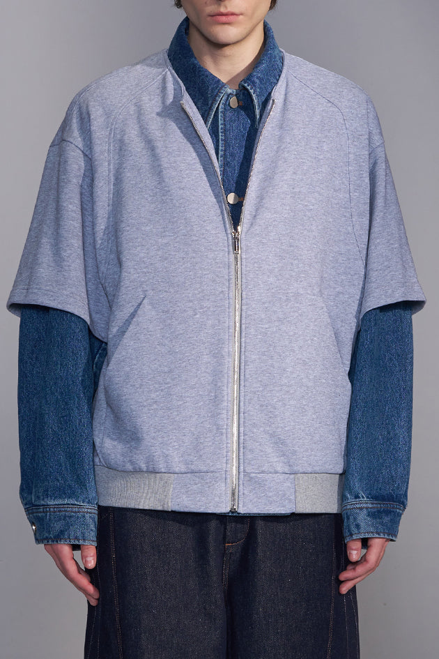 Denim-Collar Short-Sleeve Knit Jacket