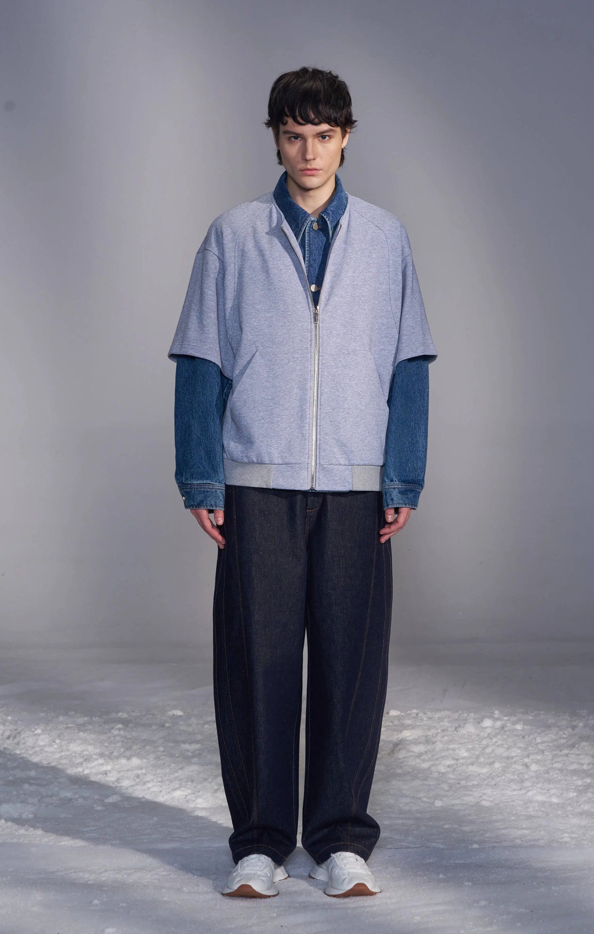 Denim-Collar Short-Sleeve Knit Jacket