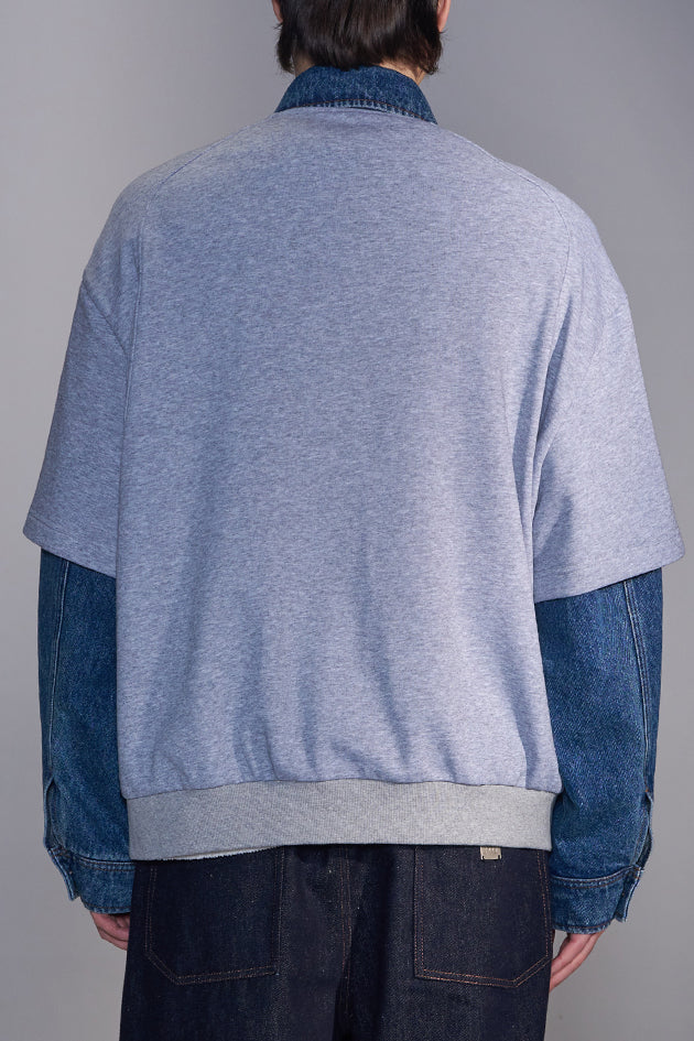 Denim-Collar Short-Sleeve Knit Jacket