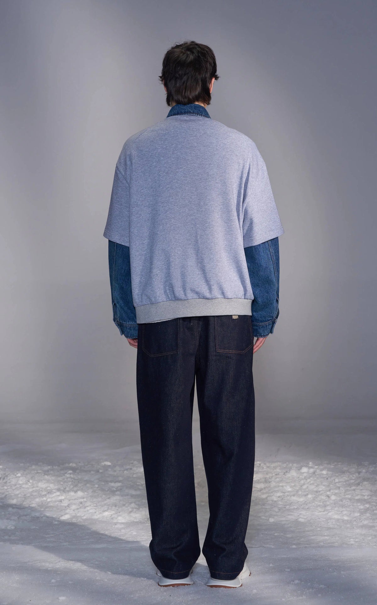 Denim-Collar Short-Sleeve Knit Jacket