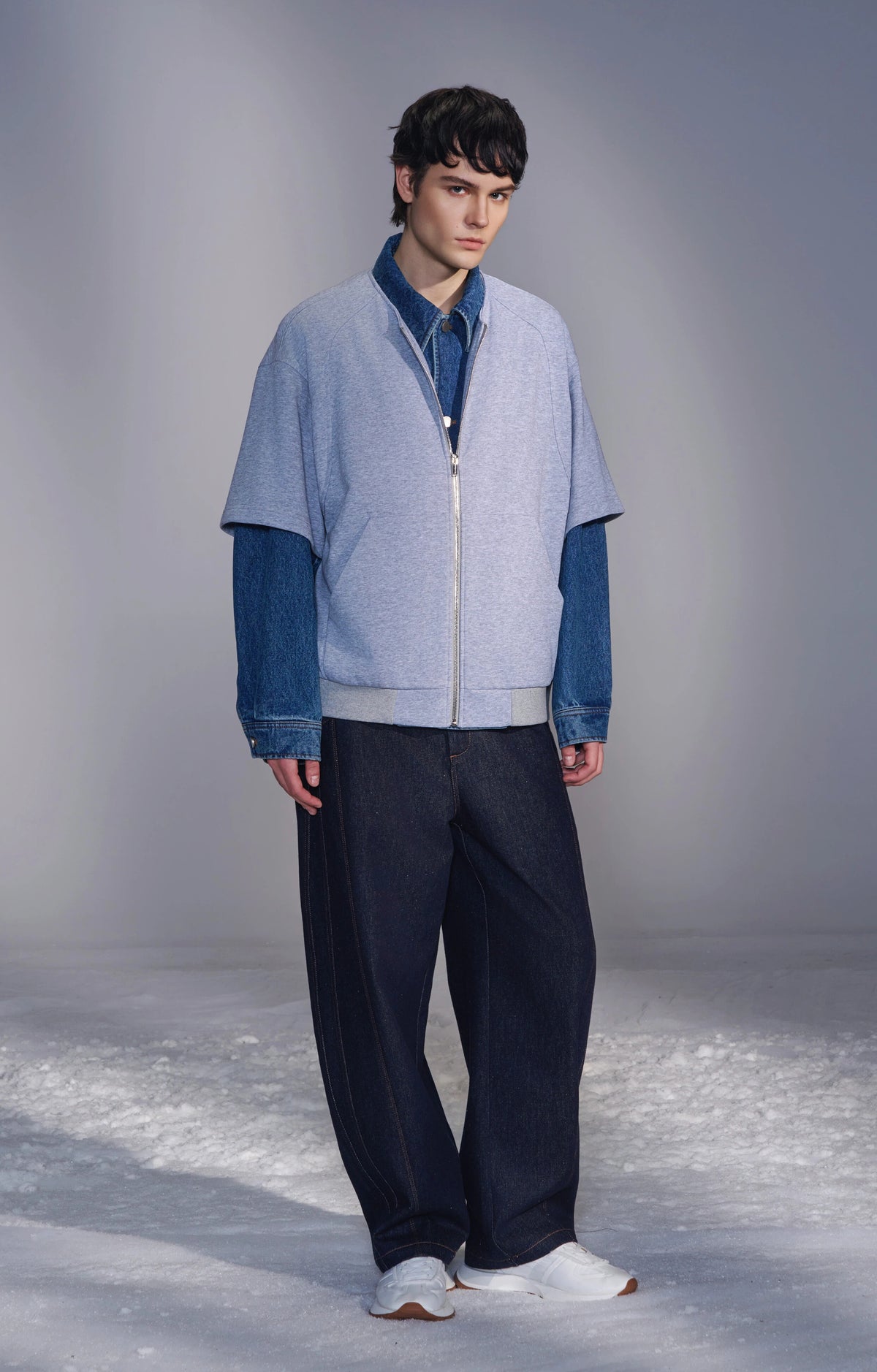 Denim-Collar Short-Sleeve Knit Jacket