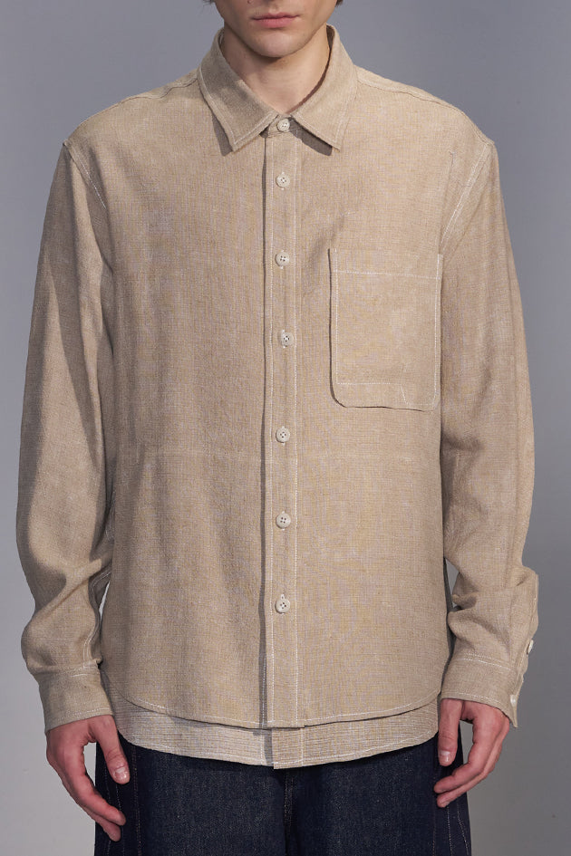 Washed-Dyed Denim Shirt with Layered Hem