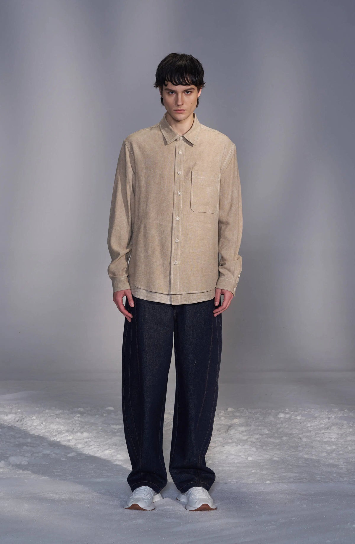 Washed-Dyed Denim Shirt with Layered Hem