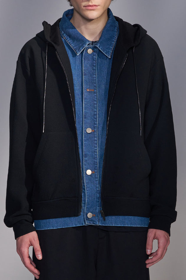 Hooded Knit Jacket with Faux Denim Layers