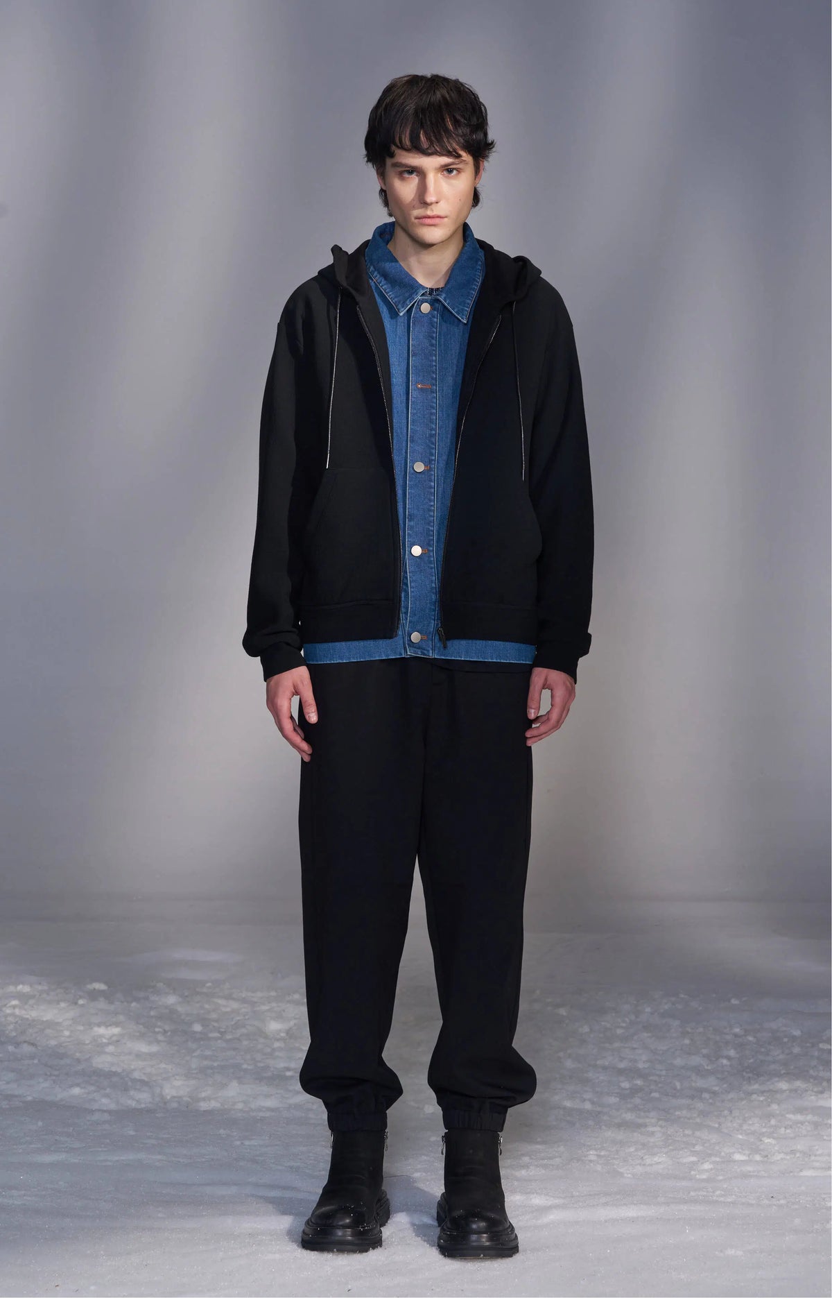 Hooded Knit Jacket with Faux Denim Layers