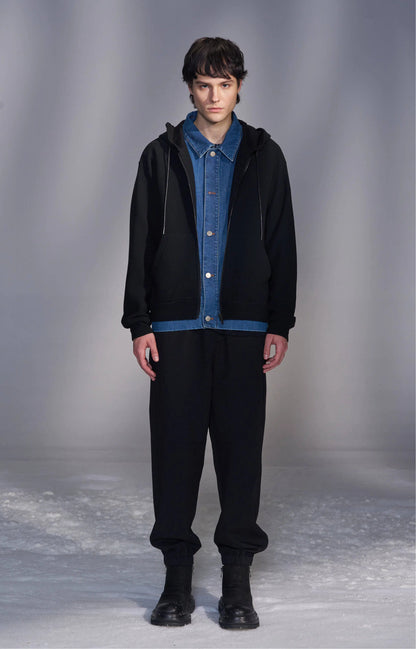 Hooded Knit Jacket with Faux Denim Layers