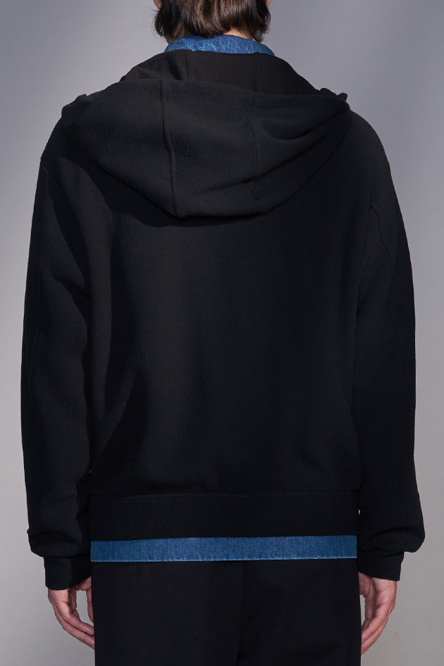 Hooded Knit Jacket with Faux Denim Layers