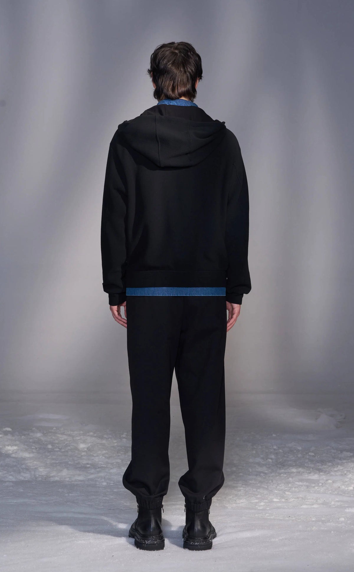Hooded Knit Jacket with Faux Denim Layers