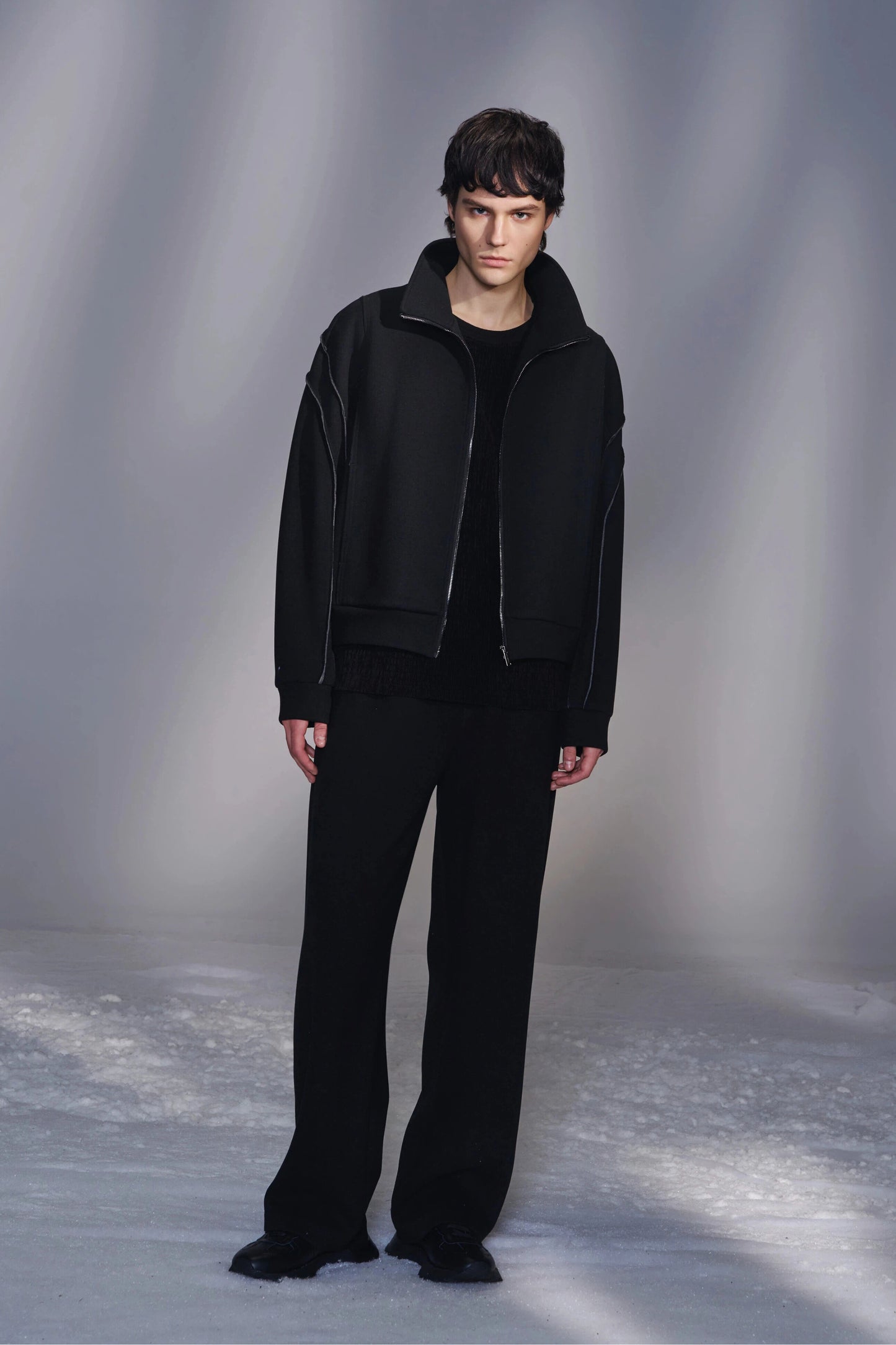 Stand-Collar Knit Zip-Up Jacket