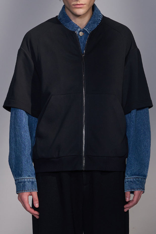 Denim-Collar Short-Sleeve Knit Jacket