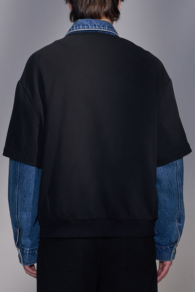 Denim-Collar Short-Sleeve Knit Jacket