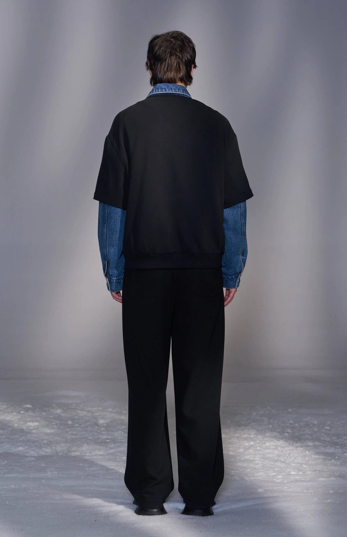 Denim-Collar Short-Sleeve Knit Jacket